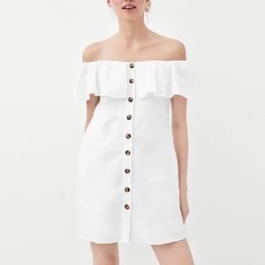 ZARA Off Shoulder Ruffle Light Blue Button Down Dress size small